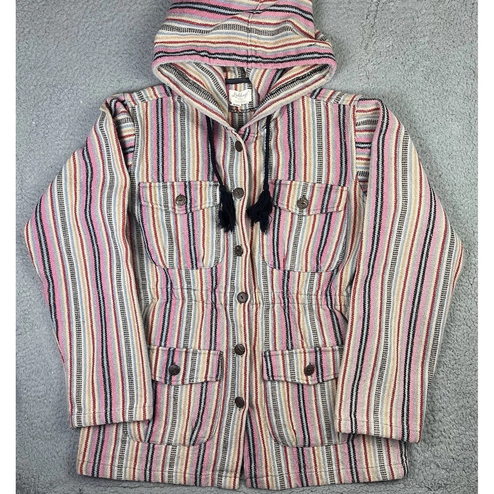 Lakhays Hippie Hoodie Pullover Pink Stripe Button Up Coat Size M/L